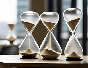 Hourglass close-up on office background. Time, business, work