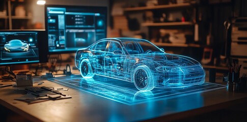 Poster - A blue digital car model in a workspace with two monitors and a table.
