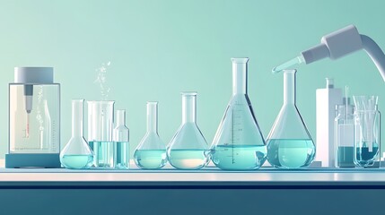 Poster - Laboratory glassware filled with blue liquid on a white countertop with a light blue background.