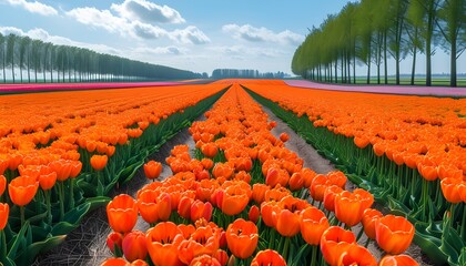 Vibrant panoramic view of blooming orange tulip fields in Holland during springtime