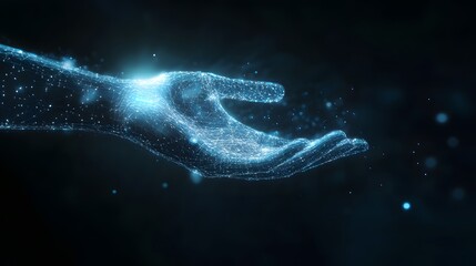 Poster - A Digital Hand Reaching Out with Blue Glowing Lines and Dots
