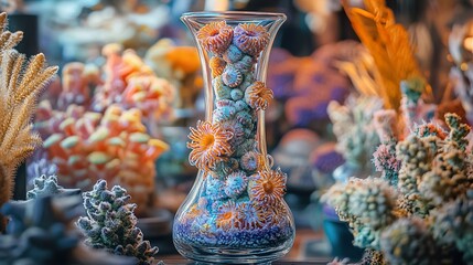 Colorful Coral in a Glass Vase: A Vibrant Underwater Still Life