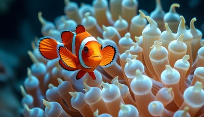 Whimsical clownfish frolicking in an anemone, capturing the essence of animal humor and playful aquatic life.