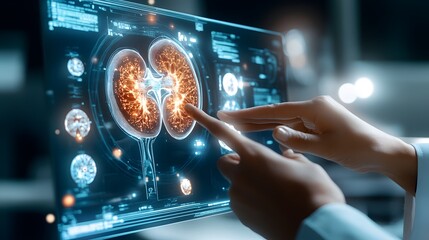 Poster - A Close-up of a Hand Interacting with a Digital Display Showing a Human Kidney