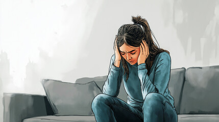 Illustration of young woman sitting on sofa, holding her head in frustration, depicting feelings of stress and anxiety in simple, minimalist home environment