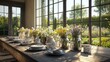 © Sana - A dining area in a farmhouse with a rustic wooden table set with patterned tableware