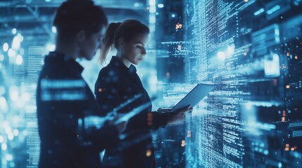 Poster - professionals analyzing data trends in a digital environment while using laptops in a modern tech wo
