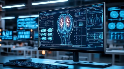 Poster - A computer monitor displays a 3D scan of a human brain with various data points highlighted. The monitor is set in a modern laboratory with a blurred background of other screens.