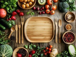 Overhead view of fresh vegetables, fruits, herbs, and spices around an empty wooden tray and cutlery set on a rustic wooden table, the concept of eco products, and sustainable lifestyle. Generative AI