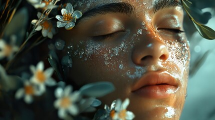 Wall Mural - Close-Up Portrait of a Woman with Glitter and Flowers