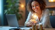 © SkyRebeL - Woman holding a lightbulb over coins, financial ideas, and growth