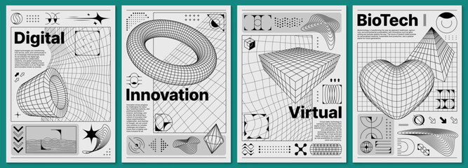 Aufkleber - Brutalism y2k posters with retro grid and 3d abstract shapes. Vector futuristic, brutal digital innovation and biotech black and white templates with 3d wireframe pattern and three dimensional figures