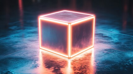 Canvas Print - A futuristic 3D cube with illuminated edges and a soft, pulsing glow