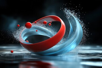 3D abstract background - dynamic liquid motion with floating red spheres and splash effects