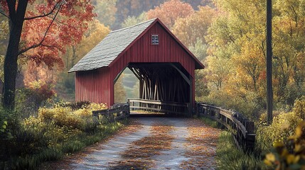 Wall Mural - Scenic Covered Bridge in Autumn Forest - Fall Foliage and Country Road