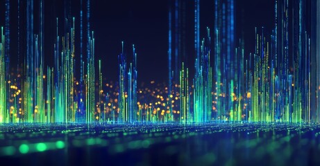 Poster - the background is an abstract futuristic technological background with floating circuits, charts, an