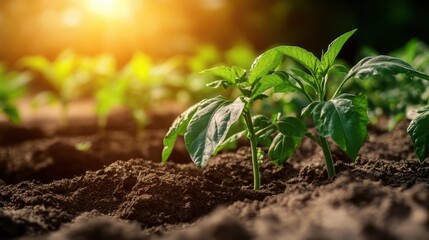 Canvas Print - A close-up of young green plants growing in rich soil under a warm sunlight, symbolizing growth and nature's beauty.