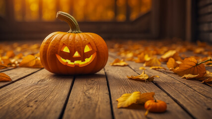 Glowing pumpkins on a wooden background and fall leaves for Halloween.