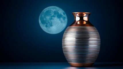 Pottery jar with thin, silver and copper patterns, reflecting the craftsmanship of ancient artisans, against a moonlit background