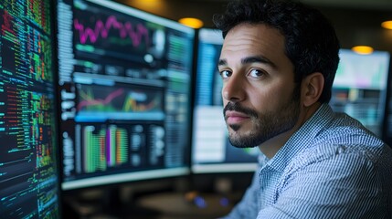 Poster - A man working late at a computer with code and charts displayed on multiple screens.