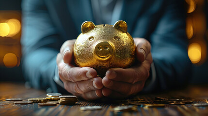 Gold piggy bank in man hands, symbolizing of financial invest, financial management