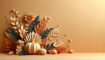 Wall Mural - Sophisticated autumn composition with pumpkins and foliage, highlighting the beauty of the harvest season