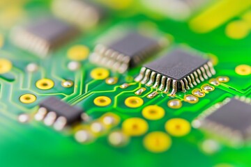 Poster - Closeup of a printed circuit board with a green electronic background