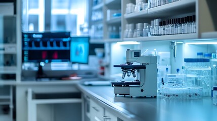 Poster - A Modern Microscope in a Blue-Toned Laboratory Setting