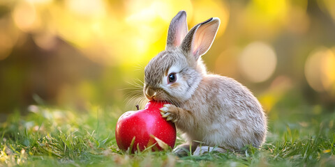 Adorable Rabbit Eating Red Apple