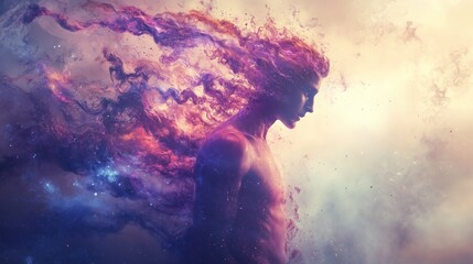 Poster - a surreal figure surrounded by cosmic clouds explores the depths of imagination in a vibrant and eth