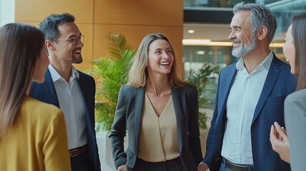 Poster - A group of professionals laughing and engaging in a friendly conversation in a modern office setting.