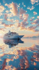 A cruise ship floating in a serene bay, the water reflecting a sky filled with bright, fluffy clouds.