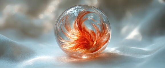 Wall Mural - A glass orb with swirling orange and red patterns, resting on a soft surface.