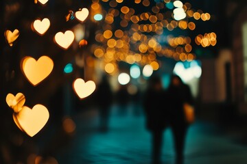 Christmas and New Year illumination on the street. Trees with bokeh heart-shaped lights. Abstract New Year background.