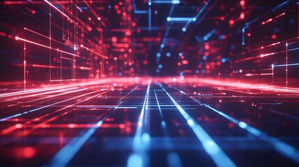 Poster - Red and Blue Neon Lights Illuminating a Grid Pattern
