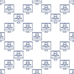 Poster - Computer with Virus vector Skull on PC Screen seamless pattern in thin line style
