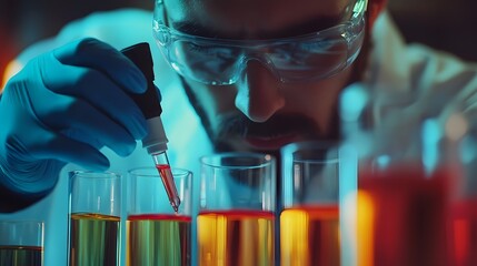 Poster - A Scientist in a Lab Coat and Safety Glasses Carefully Adding Liquid to a Test Tube
