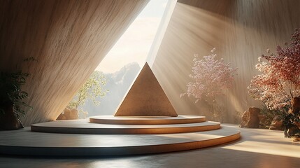 Wall Mural - A minimalist podium with a pyramid shaped base inside a geometric wooden structure with a mountain view through a large window.