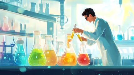 Poster - A Scientist in a Lab Coat Pouring Liquid from a Test Tube into a Flask