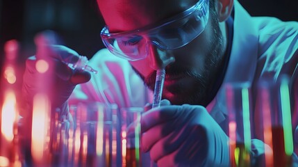 Poster - Scientist in Neon Light Examining Liquid in Test Tubes