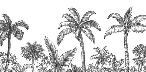 A seamless tropical background with hand drawn palm trees and jungle leaves. Tropical palm tree botanical, rainforest foliage illustration.