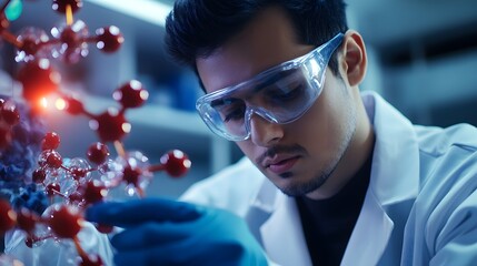 Poster - A Focused Scientist Examining a Molecular Model in a Laboratory