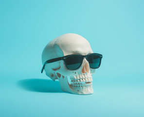 Wall Mural - Close up of  skull wearing black sunglasses stands out against a pastel blue background.A skull wearing black sunglasses stands out against a pastel blue background.Minimal creative food concept.Copy 