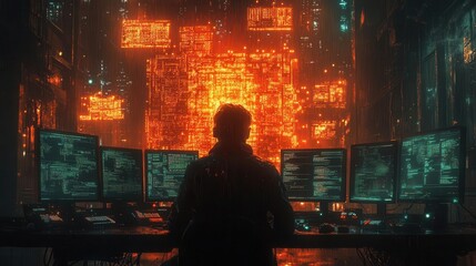 a shadowy hacker intensely focused on multiple screens illuminated by the glow of code emphasizing the tension and intrigue of the digital underworld