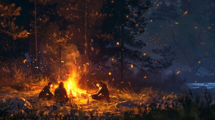 Wall Mural - A group of people sitting around a campfire at night in a forest. The fire lights up the area, creating a cozy and mysterious atmosphere, evoking camaraderie and adventure outdoors.