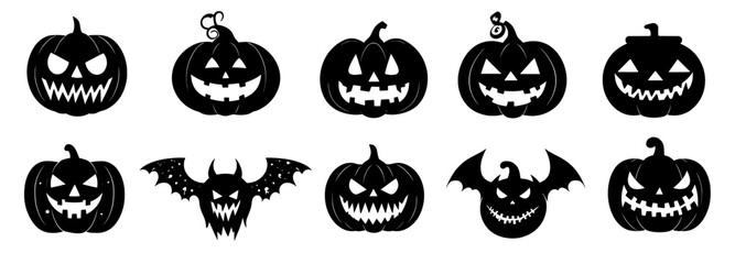 The set contains a variety of images of smiling cartoon lantern faces. Cute Halloween pumpkin icons. Symbols related to Halloween pumpkin day. Halloween holiday figures in the shape of pumpkins on