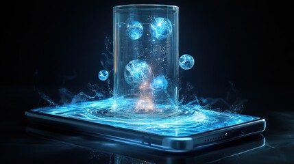 Wall Mural - Glowing Spheres Emerging from a Glass Cylinder Above a Smartphone