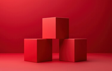 Poster - Red background with three cubes stacked in a geometric arrangement on a vibrant surface