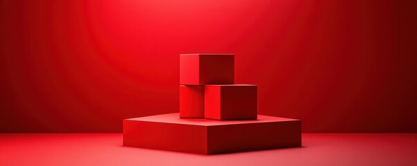 Poster - three red cubes stacked on a red geometric platform with a vivid red background, showcasing modern m