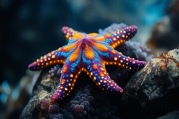 A vibrant starfish resting on rocks in an underwater environment.